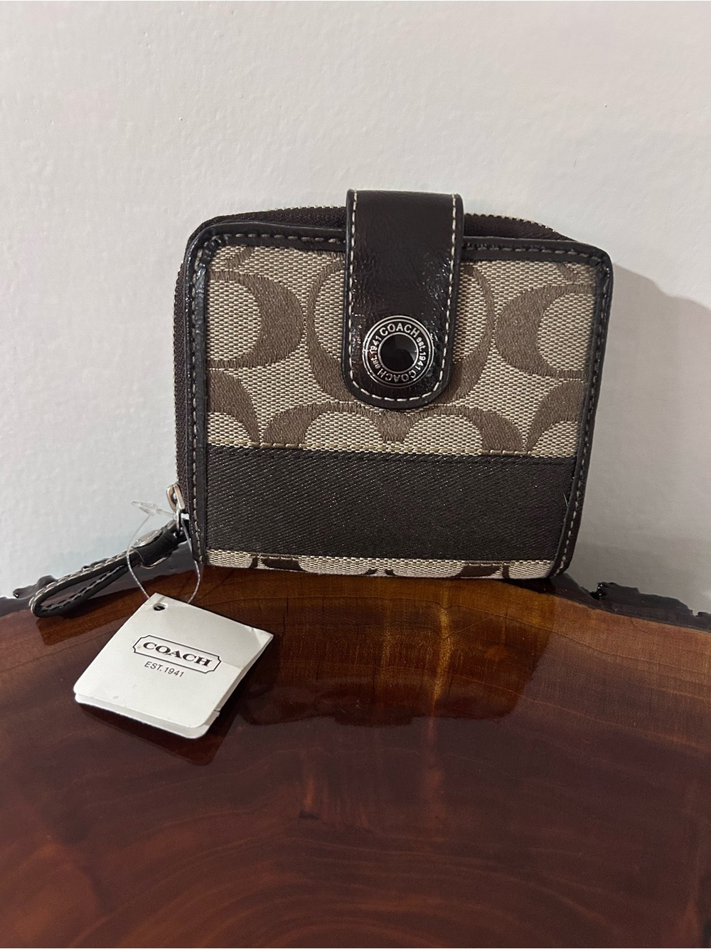 NWT Coach Khaki and Mahogany Signature Canvas Wallet